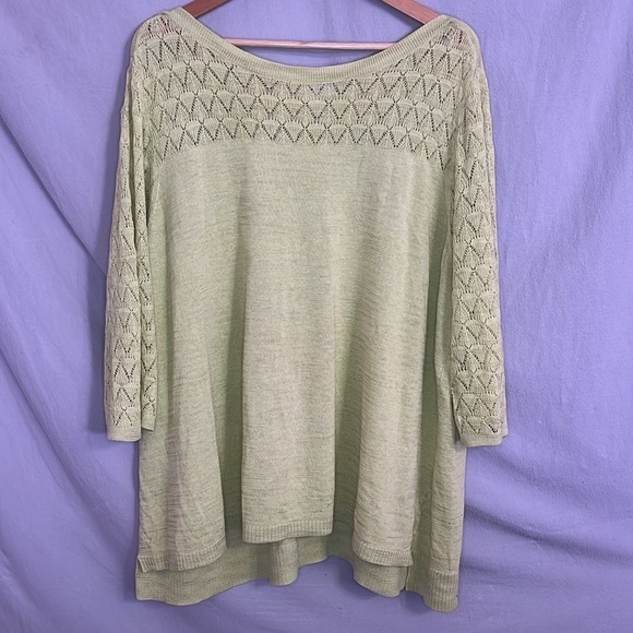 CJ Banks Chartreuse Green Open Knit Yoke and Sleeve, Tunic Sweater in 3X - Picture 1 of 14